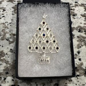 Vintage Eisenberg Ice Silver Tone Christmas Tree Brooch with Crystal Accents